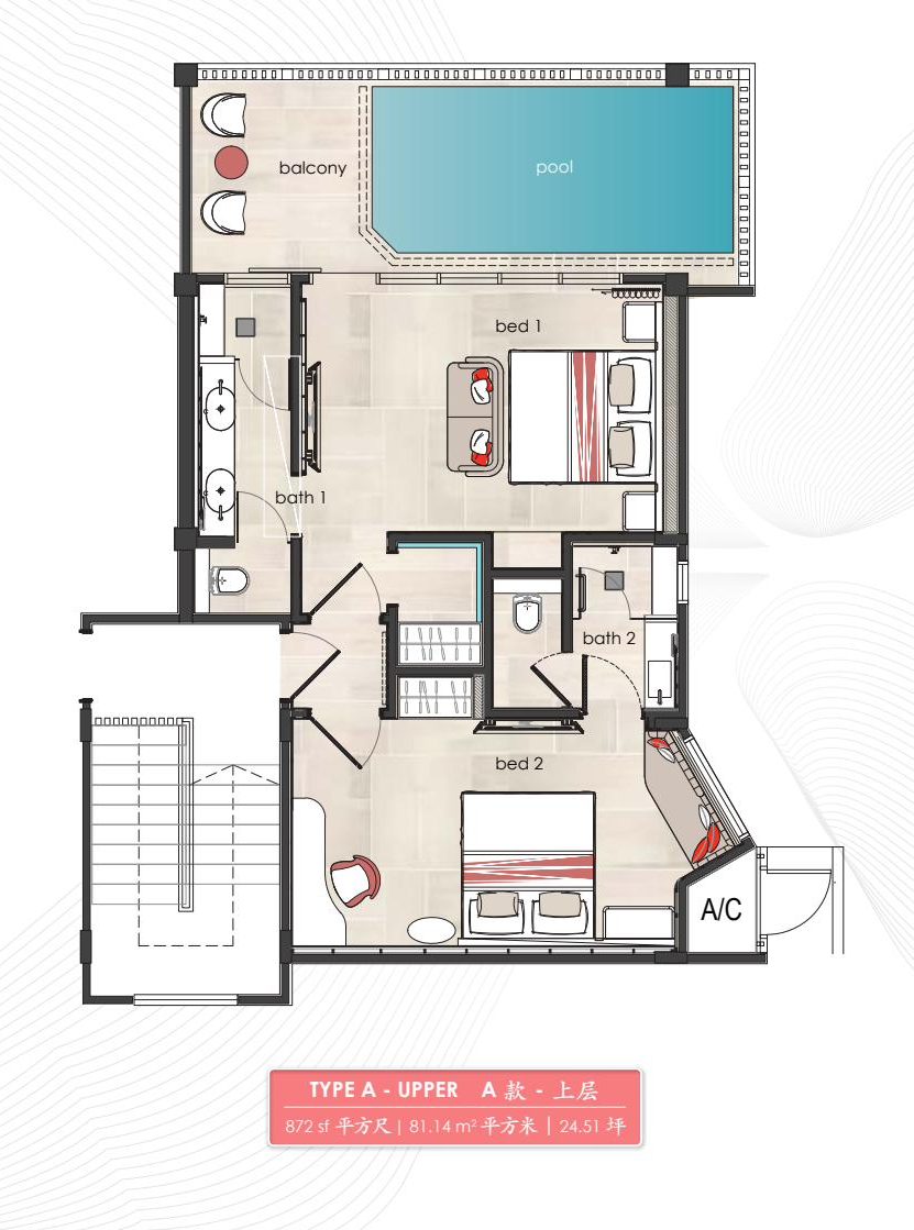 Type A Lower floor plan — 858 sq ft overwater villa with private pool, 2 bedrooms and 2 bathrooms