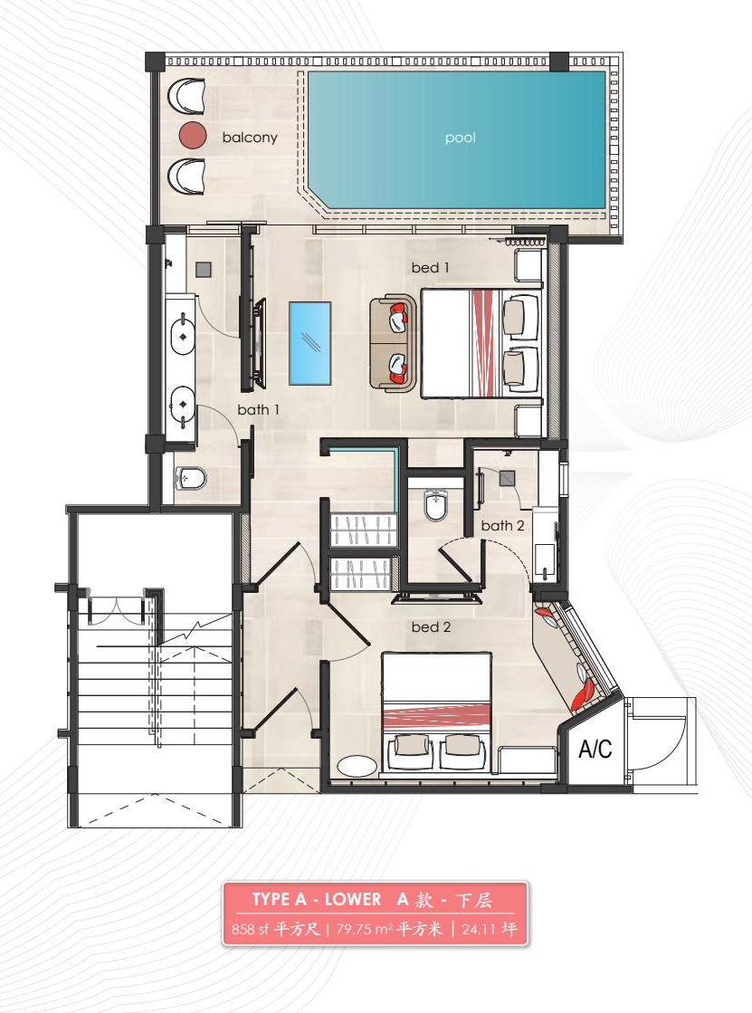 Type A Upper floor plan — 872 sq ft overwater villa with private pool, 2 bedrooms and 2 bathrooms
