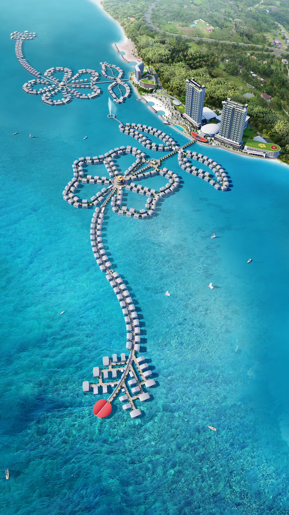 Artist impression of overwater villas at Lexis Hibiscus 2, Port Dickson, illuminated at night