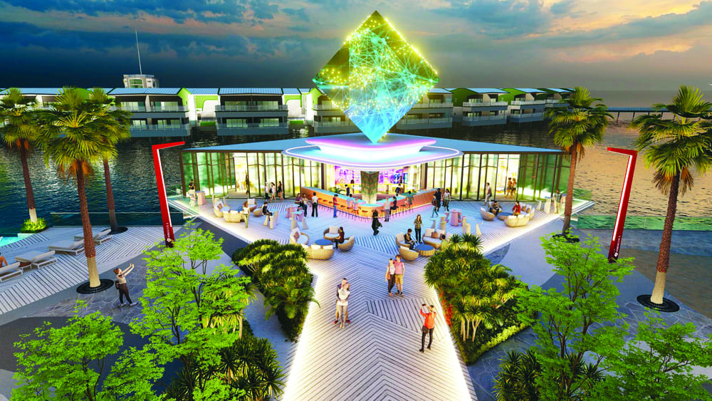 Artist impression of the floating pool bar at night, Lexis Hibiscus 2